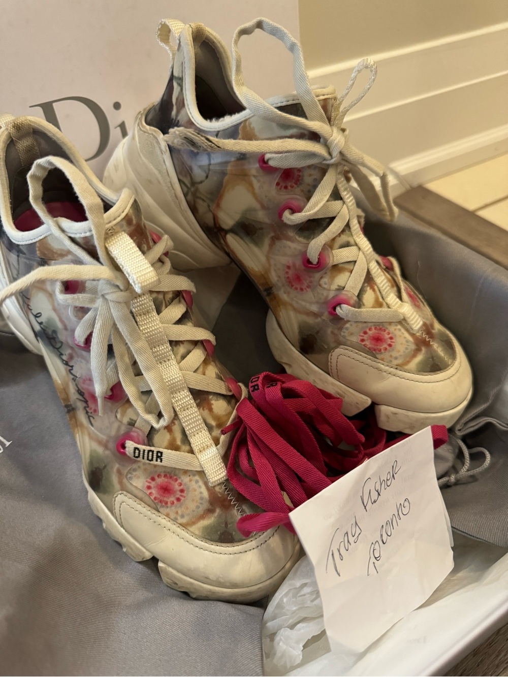 Dior Floral-Print White High-Top Sneakers with Pink Accents